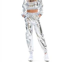 Frauen Hohe Taille Metallic Shiny Hip-Hop Jogginghose Jogger Holographische Farbe Streetwear Hosen Metallic Hosen Shiny Lose Hosen Damenleggings, glänzend, metallisch, Sportleggings (Silver, S) von Kielsjajd