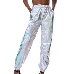 Frauen Hohe Taille Metallic Shiny Hip-Hop Jogginghose Jogger Holographische Farbe Streetwear Hosen Metallic Hosen Shiny Lose Hosen Damenleggings, glänzend, metallisch, Sportleggings (White #1, L) von Kielsjajd