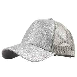 Glitzern Mesh Baseball Cap Damen Einstellbar Baseballkappe Für Pferdeschwanz Sonnenhut Sommersportmütze Sommerhut Damen Pferdeschwanz Baseballkappe Baseball Cap Unisex Sonnenhut (Silver, One Size) von Kielsjajd