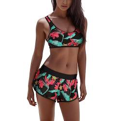 Kielsjajd Bikini Damen Sport Push Up Oberteil Polster Badeanzug Zweiteiler Frauen Shorts Bikini Set Pads Strand Schwimmen 2 Teilig Damen Tankini Set zweiteilig Bauchweg mit Hot Pants (D-022, L) von Kielsjajd