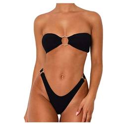 Kielsjajd Damen Bikini Set, schulterfrei Bandeau mit Kordelzug & Rüschen High Cut Einfarbig Bademode (Black-B, M) von Kielsjajd