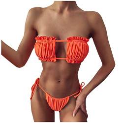 Kielsjajd Damen Bikini Set, schulterfrei Bandeau mit Kordelzug & Rüschen High Cut Einfarbig Bademode (Orange, L) von Kielsjajd