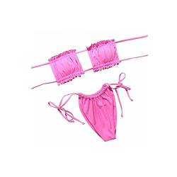 Kielsjajd Damen Bikini Set, schulterfrei Bandeau mit Kordelzug & Rüschen High Cut Einfarbig Bademode (Rosa, L) von Kielsjajd