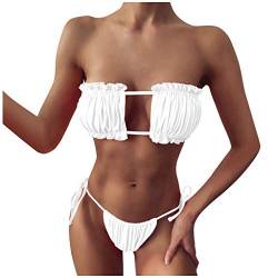 Kielsjajd Damen Bikini Set, schulterfrei Bandeau mit Kordelzug & Rüschen High Cut Einfarbig Bademode (Weiß, L) von Kielsjajd