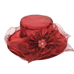 Kielsjajd Damen Kirche Fascinator Braut Hochzeit Sonnenhüte Frauenorganza Hut Dame Breitrandiges Blumenband -Kirchenkleidersonnenhut-Blumenmaschen-Sonnenhut (Wine Red, One Size) von Kielsjajd