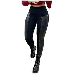 Kielsjajd Damen Lederhose Sexy Skinny Legging Stretch PU Leder Look Optik Schwarz Schlank Hose Kunstlederhose Treggins Push Up Biker Pants Frauen Kontrastleder-Reißverschluss Schwarze Hose von Kielsjajd