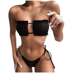 Kielsjajd Trägerloser Badeanzug mit Rüschen Schulterfrei Bandeau mit Kordelzug High Cut Einfarbig Bademode 2-Teile Bademode Badeanzug Strandmode Hohe (Schwarz, M) von Kielsjajd