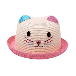 Kinder Mädchen Faltbarer Strohhut Sonnenhut Breite Krempe Sommerhut für Mädchen Kinder Atmungsaktiver Strand mit Cartoon Katze Dekoration für den Urlaub Reise Outdoor-Aktivitäten (Pink, One Size) von Kielsjajd