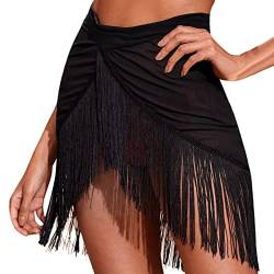 Modisch Bikini Shiny Wraps Damen Hüfttuch Rock mit Fransen Pailletten Karneval Tanzaufführung Kostüm Quaste Minirock Short Fransen Pailletten Cover Up Rock Beach Wrap (Black-B, S) von Kielsjajd