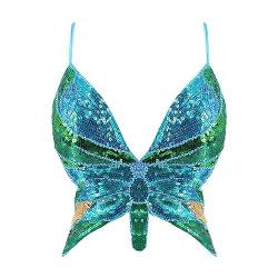 Pailletten Schmetterling Crop Tops, Damen Bauchtanz Kostüm Oberteil Neckholder BH Rückenfrei Bustier Crop Top bauchfrei Pailletten Quasten Sexy Party Outfits Neckholder (Sky Blue Multicolor, One Size) von Kielsjajd