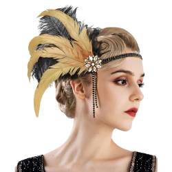 Pailletten Stirnband mit Federn, Federn Stirnband Strass Flapper Kopfschmuck 20er Jahre Stil Flapper Haarband Strass-Haarschmuck Damen Kostüm Accessoires für Karneval, Party, Tanz, (Gold-1, One Size) von Kielsjajd