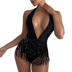 Rave Outfits für Frauen, 3-teiliger Badeanzug Quasten Rock Metallic BH Oberteil Set für Festival Tanz Clubwear Party, 2023 Neuer Badeanzug Sexy Bikini Zweiteiliger Badeanzug Bademode (Black-A, L) von Kielsjajd