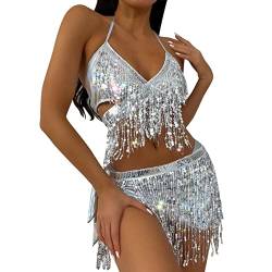 Rave Outfits für Frauen, 3-teiliger Badeanzug Quasten Rock Metallic BH Oberteil Set für Festival Tanz Clubwear Party, 2023 Neuer Badeanzug Sexy Bikini Zweiteiliger Badeanzug Bademode von Kielsjajd