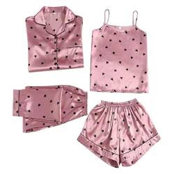 Schlafanzug Damen Pyjama Sets Satin Pajama Sets Schlafanzüge für Frauen Gemütliche Nachthemd Schlafanzug Set Hausanzug Lingerie Nachtwäsche Vierteiliges Set für alle Jahreszeiten Nachthemd von Kielsjajd