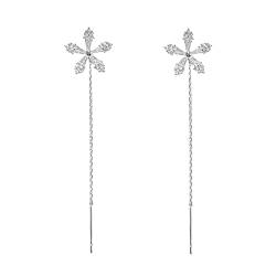 Silberne glänzende -lange Quasten-Blumen-Ohrringe Strass-Ohrclip-Ohrringe Dünne baumelnde Elegante Strass-Ohrringe Hochzeits-Blumen-Ohrringe für Frauen ene Diamantohrringe Für (Silver, One Size) von Kielsjajd