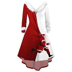 Vintage Weihnachtskleid für Damen - Damen Langarm Rot Weihnachten Party Kleider V-Ausschnitt Weihnachtsmann Kostüm Samt Kleid Weihnachtskleider Weihnachtsfrau Midi Kleid Tunika Elegant (1-White, L) von Kielsjajd
