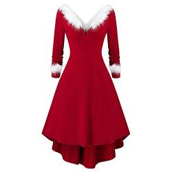 Vintage Weihnachtskleid für Damen - Damen Langarm Rot Weihnachten Party Kleider V-Ausschnitt Weihnachtsmann Kostüm Samt Kleid Weihnachtskleider Weihnachtsfrau Midi Kleid Tunika Elegant (Red, M) von Kielsjajd