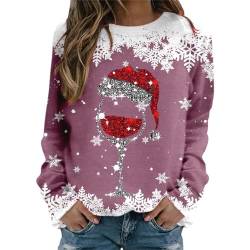 Weihnachtspullover Damen Sweatshirt Rundhals Langarm Rentier Weinglas Weihnachtsmann Druck Langarmshirt Teenager Mädchen Christmas Sweatshirt Weihnachtspulli Oberteile Tops Pullover Shirt Frauen von Kielsjajd