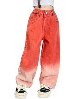 Kiench Mädchen Baggy Jeans Hose Weites Bein Pull-On Pants mit Taschen Orange EU Größe 128/7-8 Jahre Etikett 140 von Kiench