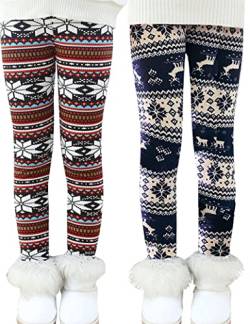 Kiench Mädchen Gefüttert Leggings Winter Warm Thermohosen Weihnachten 2er-Pack Schneeflocken EU Größe 134/8 Jahre Etikett 140 von Kiench