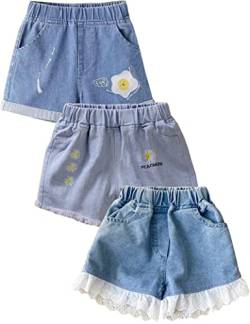 Kiench Mädchen Jeans Shorts Denim Kurze Hosen Sommer 3er-Pack Spitzenverzierung & Stickerei Gänseblümchen & Umschlag EU Größe 146/8-9 Jahre Etikett 150 von Kiench