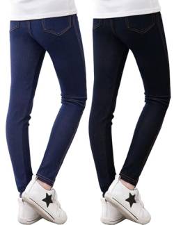 Kiench Mädchen Leggings Jeans Optik Kinder Stretch-Hosen mit Tasche 2er-Pack Schwarz & Marineblau EU Größe 158/10-11 Jahre Etikett 160 von Kiench