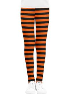 Kiench Mädchen Leggings Lang Stretch-Hosen Muster Halloween: Orange Schwarz Gestreift EU Größe 134/8-9 Jahre Etikett 140 von Kiench