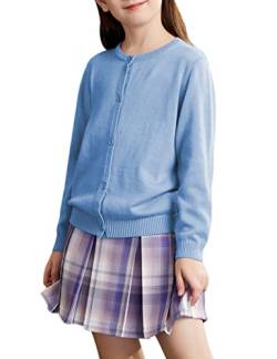 Kiench Mädchen Strickjacke Basic Baumwolle Kinder Rundhals Langarm Cardigan mit Knöpfen Hellblau EU Größe 116/4-5 Jahre Etikett 120 von Kiench