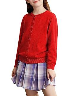 Kiench Mädchen Strickjacke Basic Baumwolle Kinder Rundhals Langarm Cardigan mit Knöpfen Rot EU Größe 134/7-8 Jahre Etikett 140 von Kiench