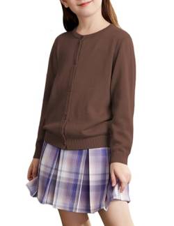 Kiench Mädchen Strickjacke Basic Baumwolle Kinder Rundhals Langarm Cardigan mit Knöpfen Schocoladenbraun EU Größe 152/11-12 Jahre Etikett M von Kiench