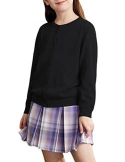 Kiench Mädchen Strickjacke Basic Baumwolle Kinder Rundhals Langarm Cardigan mit Knöpfen Schwarz EU Größe 140-146/9-10 Jahre Etikett S von Kiench