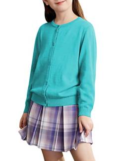 Kiench Mädchen Strickjacke Basic Baumwolle Kinder Rundhals Langarm Cardigan mit Knöpfen Türkis EU Größe 122-128/5-6 Jahre Etikett 130 von Kiench