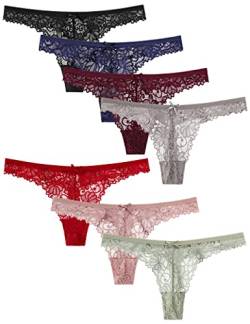 Kiench Mädchen Unterhosen Spitze Teenager Strings Tanga 7er-Pack Maineblau & Rost & Weinrot & Rosa & Grün & Grau & Schwarz EU Größe 140-146/10-12 Jahre/Damen Größe 32 / XS Etikett M von Kiench