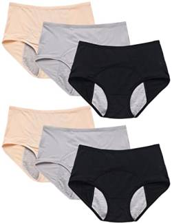 Kiench Perioden Unterhosen Damen Menstruation Slips Hohe Taille 6er-Pack 2 Schwarz & 2 Hautfarbe & 2 Grau EU Größe 40 / M von Kiench