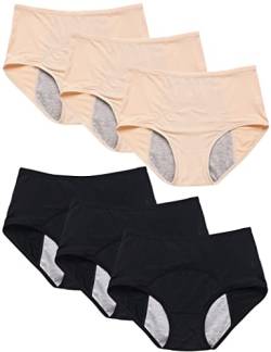 Kiench Perioden Unterhosen Damen Menstruation Slips Hohe Taille 6er-Pack 3 Schwarz & 3 Hautfarbe EU Größe 40 / M von Kiench