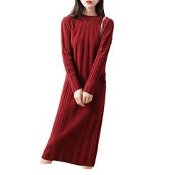 Damen Längeres Kleid Wolle Pullover Winter O-Ausschnitt Strickkleidung Vollarm Damen Kleider, claret, Medium von Kiioouu