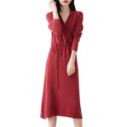 Herbst/Winter Frauen Kleider Wolle Stricken Pullover V-Ausschnitt Langarm Strickpullover Kleid, burgunderfarben, L von Kiioouu