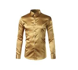 Kiioouu Herren Glänzendes Satin Kleid Hemden Glatt Casual Tanz Party Langarm Faltenfrei Smoking Shirt Herren Hemd, gold, XL von Kiioouu
