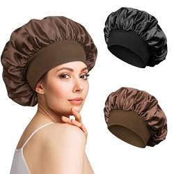 2 Stück Satin Bonnet Schlafhaube Seide Locken Atmungsaktive Seide Schlafmütze Verstellbare Silk Bonnet Seidenhaube zum Schlafen Weiche Satin Haube für Damen Mädchen(Schwarz, Kaffee) von Kiiwah