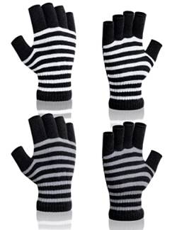 Kiiwah 2 Paar Fingerlose Gestreift Handschuhe, Damen Herren Unisex Winter Warm Strickhandschuhe für Skifahren, Laufen, Wandern, Fahren, Arbeiten von Kiiwah