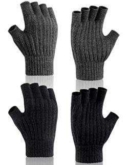 Kiiwah 2 Paar Fingerlose Handschuhe Winter Strickhandschuhe Damen Herren Unisex Dehnbar Fäustlinge für Laufen Radfahren Freizeit Outdoor(Schwarz Grau) von Kiiwah