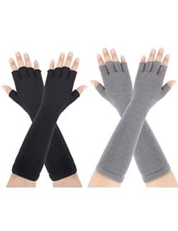 Kiiwah 2 Paar Lange Fingerlose Handschuhe Unisex Lange Stricken Armstulpen Halbfinger Handschuhe für Männer Frauen Winter Herbst (Schwarz Grau) von Kiiwah