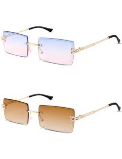 Kiiwah 2 Paar Rechteck Randlose Sonnenbrille, Retro Ultra-Small Frame Sonnenbrille, Quadratische Durchsichtige Linse Sonnenbrille, Rimless Sunglasses für Frauen Männer von Kiiwah