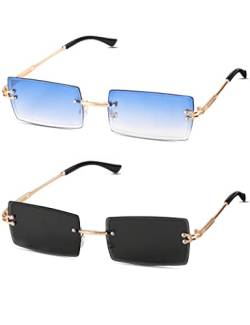 Kiiwah 2 Paar Rechteck Randlose Sonnenbrille, Retro Ultra-Small Frame Sonnenbrille, Quadratische Durchsichtige Linse Sonnenbrille, Rimless Sunglasses für Frauen Männer von Kiiwah