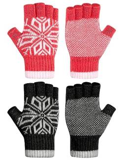 Kiiwah 2 Paar Schneeflocken Fingerlose Handschuhe, Winter Gestrickte Thermo Halb Fingerhandschuhe Strickhandschuhe für Herren Damen von Kiiwah