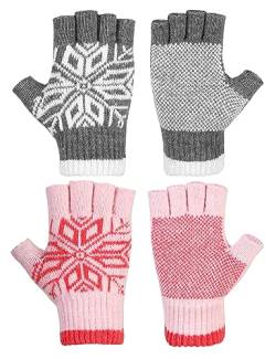 Kiiwah 2 Paar Schneeflocken Fingerlose Handschuhe, Winter Gestrickte Thermo Halb Fingerhandschuhe Strickhandschuhe für Herren Damen von Kiiwah