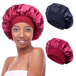 Kiiwah 2 Stück Satin Bonnet Schlafhaube Seide Locken Atmungsaktive Seide Schlafmütze Verstellbare Silk Bonnet Seidenhaube zum Schlafen Weiche Satin Haube für Damen Mädchen(Marine, Rot) von Kiiwah