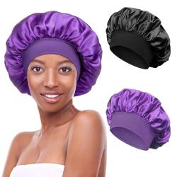 Kiiwah 2 Stück Satin Bonnet Schlafhaube Seide Locken Schlafmütze Verstellbare Schlafkappe Kopfbedeckung Weiche kopfhaube zum Schlafen mit Gummizug für Damen Mädchen(Schwarz, Violett) von Kiiwah