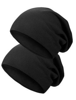 Kiiwah 2 Stücke Dünne Beanie Mütze für Herren und Damen, Unisex Slouch Beanie, Elastisch Strickmützen Longbeanie Weic Beanie Hüte(Schwarz) von Kiiwah