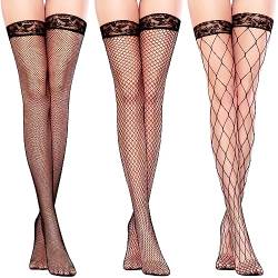 Kiiwah 3 Paar Schwarz Halterlos Netzstrümpfe, Damen Halterlose Strümpfe, Netzstrümpfe Netz mit Spitzenabschluß Sexy Netzstrümpfe Stockings, Strümpfe Kniestrümpfe für Damen von Kiiwah